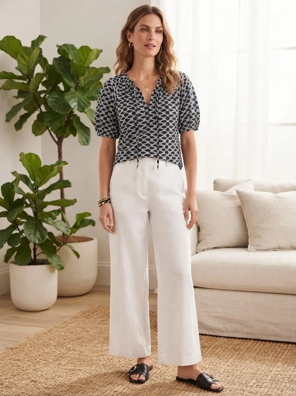 LOFT Black White Geo Print Short Sleeve Tie Neck Blouse Top XS